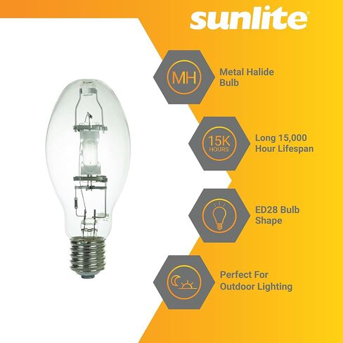مصباح هاليد معدني Sunlite 03663 MH400/U/MOG M59، 400 واط، قاعدة موغول (E39)، ED37، عمر افتراضي يصل إلى 12,000 ساعة، 36000 لومن، لمسة نهائية شفافة، 4000 كلفن in Kuwait