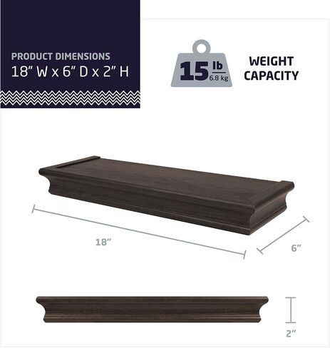HIGH & MIGHTY 515606 Decorative 18" Floating Shelf Holds up to 15lbs, Easy Tool-Free Dry Wall Installation, Beveled, Retail Packaging, Espresso in Saudi Arabia
