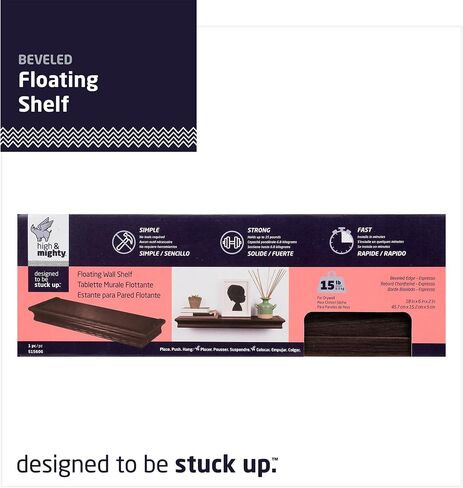 HIGH & MIGHTY 515606 Decorative 18" Floating Shelf Holds up to 15lbs, Easy Tool-Free Dry Wall Installation, Beveled, Retail Packaging, Espresso in Saudi Arabia