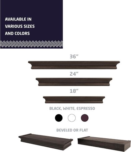 HIGH & MIGHTY 515606 Decorative 18" Floating Shelf Holds up to 15lbs, Easy Tool-Free Dry Wall Installation, Beveled, Retail Packaging, Espresso in Saudi Arabia