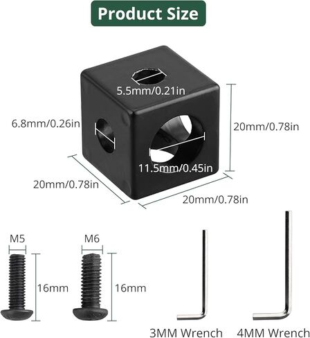 مكعب دعامة زاوية سوداء من JiGiU مقاس 20 × 20 × 20 مم مع براغي ومفتاح ربط لفتحة 6 مم من الألومنيوم لسلسلة 2020، ملحقات الطابعة ثلاثية الأبعاد (8 قطع) in Kuwait