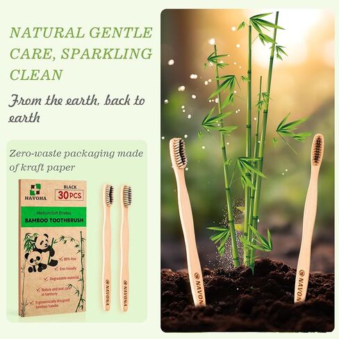 30 قطعة من فرشاة أسنان الخيزران القابلة للتحلل البيولوجي (ناعمة + متوسطة)، مجموعة فرش أسنان من الخشب الطبيعي، صديقة للبيئة، خالية من البيسفينول أ، خشب فحمي قابل للتحلل البيولوجي وقابل للتحلل - صندوق من فرشتي أسنان للسفر قابلة لإعادة الاستخدام in Kuwait