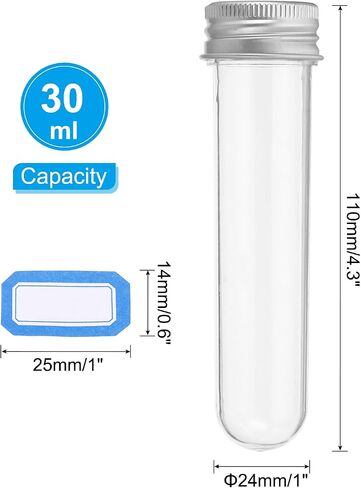 PATIKIL 30ml Test Tubes Set, 24pcs 4.3x1" Plastic Clear Round Bottom Test Tube Containers with Labels for Bead Party Candy Bath Salt Storage Plant Propagation, Silver Cap in Saudi Arabia