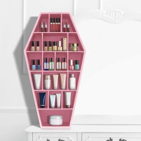 Curio Coffin Shelf - Wooden Goth Decor for Display or Storage of Shot Glasses, Mini Figures, Rocks, and More - 18.5 by 9.5 by 2.75 Inches (Pink) in Saudi Arabia