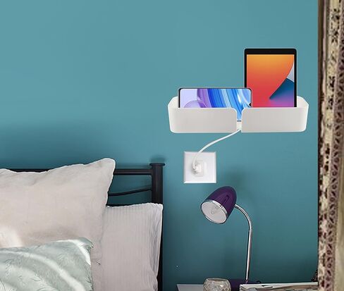 مجموعة Home-X مكونة من منظمي حائط عائمين مع فتحة لشاحن الهاتف، وأرفف لاصقة سهلة التركيب، ومنظمات حائط لجانب السرير أو المطبخ أو المكتب، بطول 25.4 سم × عرض 7.62 سم ​​× ارتفاع 5.08 سم، أبيض in Kuwait