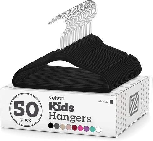 Zober Velvet Kids Hangers for Closet - Pack of 50 Non Slip Childrens Hangers for Shirts, Pants & Dresses w/Swivel Hook - Durable Clothes Hanger w/Notches - Small Hangers - Black in Saudi Arabia