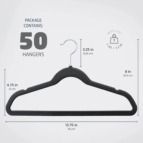 Zober Velvet Kids Hangers for Closet - Pack of 50 Non Slip Childrens Hangers for Shirts, Pants & Dresses w/Swivel Hook - Durable Clothes Hanger w/Notches - Small Hangers - Black in Saudi Arabia