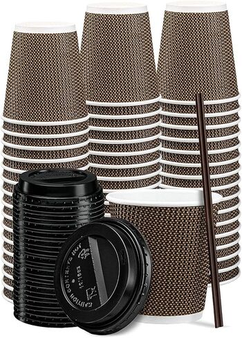 حزمة مريحة [16 أوقية. - 50 مجموعة من فناجين القهوة الساخنة الورقية المموجة المعزولة باللون البني مع أغطية (قد يختلف لون الأغطية) - مثالية للمشروبات الساخنة والسفر والاستخدام المكتبي in Kuwait