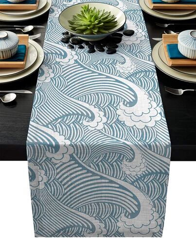 Sea Wave Table Runner Party Supplies Fabric Decorations for Wedding Birthday Baby Shower 13x70inch Japanese Illustration Ocean Decor in Saudi Arabia