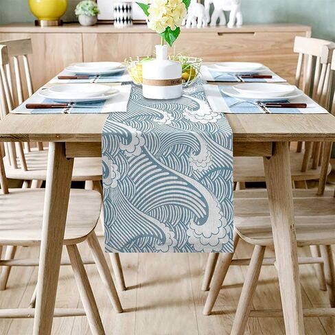Sea Wave Table Runner Party Supplies Fabric Decorations for Wedding Birthday Baby Shower 13x70inch Japanese Illustration Ocean Decor in Saudi Arabia