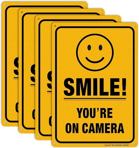(4 Pack) Smile You're on Camera Video Surveillance Sign - 10 x 7 Inches - .040 Rust Free Heavy Duty Aluminum - Indoor or Outdoor Use for Home Business CCTV Security Camera,UV Protected & Reflective in Kuwait