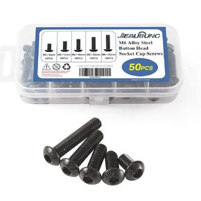 M6 x 8mm 12mm 16mm 20mm 25mm Metric Button Head Socket Cap Screws Bolts，10.9 Grade Alloy Steel，Black Oxide Finish，Fully Threaded，Replacement Fastener Screws，Allen Hex Drive，50PCS