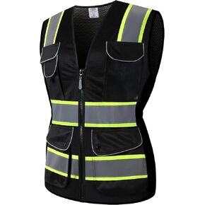 JKSafety 9 جيوب للنساء سترة أمان عاكسة للضوء | شبكة سوداء | شرائط عاكسة مع حواف صفراء ممتدة | متوافق مع ANSI (168-أسود، M)