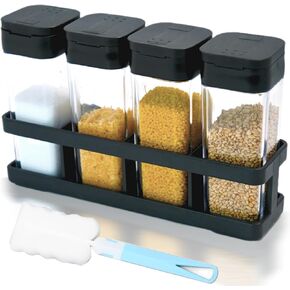 Spice Shakers with Rack,4 Set Small Spice Containers with Adjustable Pour Dual Holes,Sliding Open Organizer Containers with Cotton Brush,Clear Spice Salt Pepper Jars for BBQ Camping Traveling RV