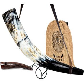 NORSE EMPIRE Viking Blowing Horn with Horn Whistle - Handcrafted Ox Horn Bugle - Loud Sound - Norse Cosplay, Festivals, Ceremonies - Medieval Horn Instrument - Unique Gift