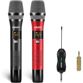 LEKATO Wireless Microphones, UHF Professional Wireless Microphone with Rechargeable 1/4" Receiver Metal Dual Dynamic Mic Set for Amplifier, PA System, Mixer, Party, Karaoke, Speech, Wedding, Church