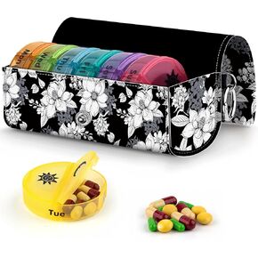 Pill Organizer 2 Times a Day with PU Printed Leather Case for Travel,Round Medicine Organizer,7 Day Pill Container for Vitamin Fish Oils Supplement