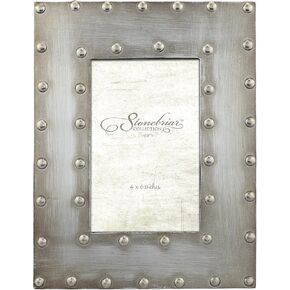 Stonebriar Industrial Distressed Metal Photo Frame with Rivet Detail, Decorative Picture Frame for Table Top or Wall Hanging Display, 4x6,Silver