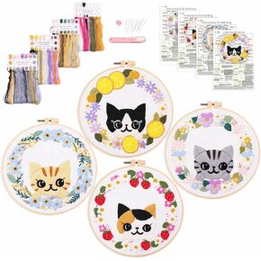 Harimau 4pcs Beginner Embroidery Kit,Flower Pattern,Cross Stitch Kits, Including Stamped Embroidery Cloth with 2 Embroidery Hoops, Multicolor Color Threads for Embroidery Kit