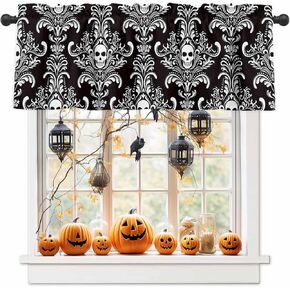 Window Valance Rod Pocket Panel for Kitchen Bedroom Windows Halloween Scary Skull Skeleton Damask Flower Valances Short Curtain Bathroom Treatment Drapes Black and White Shadow