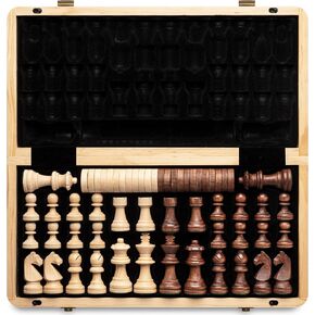 A&A 15 inch Wooden Folding Chess & Checkers Set w/ 3 inch King Height Staunton Chess Pieces / 2 Extra Queens / 2 in 1 Board Game