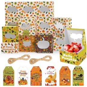 36 Pcs Thanksgiving Bakery Boxes with Window, Cupcake Boxes for Gift Giving 4 Styles Cardboard Pastry Cookie Gift Boxes with Hemp Rope and Tags, 4x4x2.5 Inches