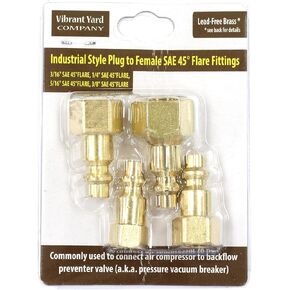 Industrial Style Plug to Female SAE 45-degree Flare Fittings | Adapters to Winterize Blow out Backflow Preventer and Pressure Vacuum Breaker (PVB) for Sprinkler Systems (Solid Lead-Free Brass)
