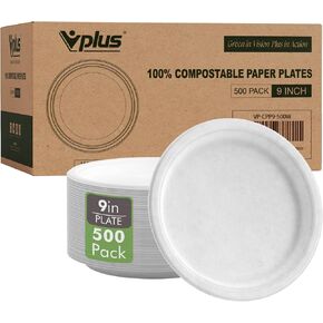 Vplus 500 Pack Paper Plates 9 inch 100% Compostable Plates Heavy-Duty Disposable Paper Plates Bagasse Natural Biodegradable Eco-Friendly Sugarcane Plates（White）