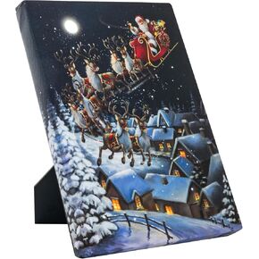 DEMAGNNIE LED Lighted Canvas Christmas Pictures with Timer, Fiber Optic Light Up Christmas Picture for Tabletop, Winter Scene Poster Canvas Print, Santa Sleigh Painting with MDF Frame