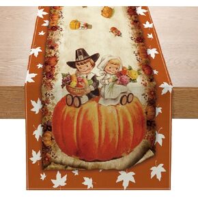 Vintage Fall Thanksgiving Table Runner Thanksgiving Decorations - Orange Vintage Style Hello Fall Pumpkin Boy Girl Autumn Home Kitchen Dining Table Decor, Thanksgiving Party Decorations 13 x 72 Inch