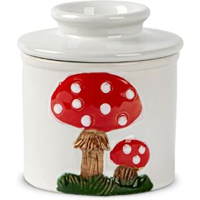Mushroom Butter Crock For Counter With Water Line Ceramic French Butter Holder White French Butter Dish Butter Keeper Butter Jar Room Temperature Butter Storage Soft Butter