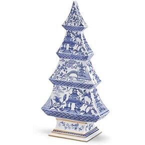 Two's Company Inc. White & Blue Ceramic Christmas Tree, 12" Vintage Tabletop Holiday Figurine, Chinoiserie Xmas Table Decor