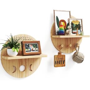Rattan Circle Shelf Set of 2, Natural Wood Shelves Wall Mount, Boho Nursery Floating Shelves with Wooden Hooks, Rustic Decorative Shelves for Clothes Hats, Kitchen, Bathroom, Living Room