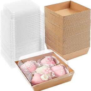 40 Pack Small Charcuterie Boxes with Clear Lids - 4.7x4.3 inches,ToTo Go Paper Charcuterie Box, Disposable Food Containers,Wedding Party, Strawberries & Cookies (Brown-20)