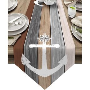 Table Runner Nautical Anchor Dresser Scarves Ocean Theme Nautical Stripe Vintage Wood Grain Gray and Blue Decorative Runners for Holiday Gatherings, Dinner,Outdoor or Indoor Parties, 13x72 inch