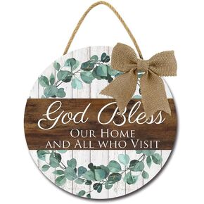 God Bless Our Home Sign for Front Door Porch Wreath Decorations for All Seasons Front Porch Decor Hanging Gift for Farmhuose Home Outdoor Indoor 12"