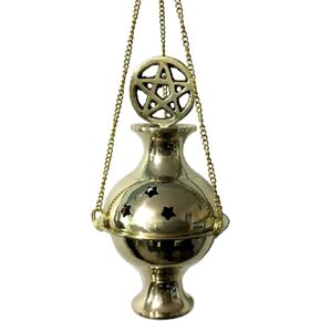 Vrinda® Brass Hanging Censer/Charcoal Incense Burner | Traditional Aromatherapy Tool for Home & Meditation Spaces | Beautiful Hanging Design with Adjustable Height | Pentacle Design | 4'' High (Gold)