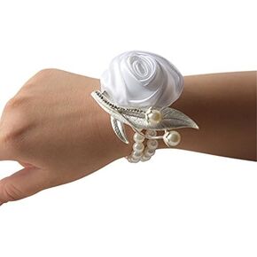 Fashion Wedding Bridesmaid Wrist Flower Corsage Party Hand Flower Decor with Faux Pearl Bead Wristband Dark Purple Pack of 2