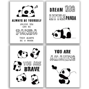 Inspirational Panda Wall Art Prints, Unframed Adorable Panda Motivational Words Wall Art, Set of 4（8’’x10’’）Dream Big Little Panda Print for Nursery and Kids Room Decor, No Frame (Black White)