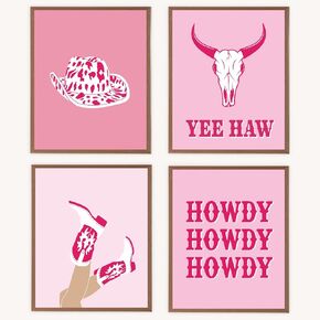 VNWEK Pink Wall Decor,Pink Western Cowgirl Room Decor,Western Preppy Decorations For Home Room Dorm,Western Wall Art Poster Prints Unframed 8"X10"Set Of 4