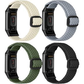 4 Pack Adjustable Elastic Braided Sport Bands Compatible with Fitbit Charge 5 / Fitbit Charge 6, Soft Loop Stretchy Straps Replacement Wristbands for Women Men