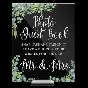 Jetec 8 x 10 Inches Acrylic Wedding Reception Signs Clear Wedding Photo Booth Sign Guest Sign in Book with Base Eucalyptus Leaves Guestbook Message Decoration