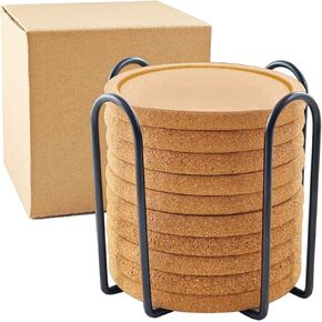 Cork Coasters for Drinks, 10 Pcs Coaster Set with Holder, 4 inches Cup Coasters for Wine Glass, Mug, Blank Cork Coasters for Crafts, Reusable Drink Coasters for Wooden Table Coffee Table