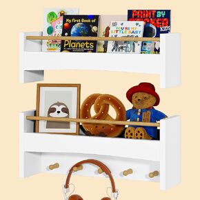 Floating Nursery Bookshelves for Wall Set of 2, Wall Hanging Shelves with Hooks, White Wall Kids Book Shelf for Living Room Bedroom Decor, Floating Shelf Organizer with Hooks for Kitchen Bathroom