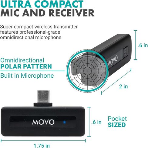 Movo Wireless Mini UC Duo Wireless Microphone for Android - Ultracompact Bluetooth Microphone for Android with Clip on Wireless Lavalier Microphone for Android - (10HR Battery Life, 164ft Range) in Kuwait