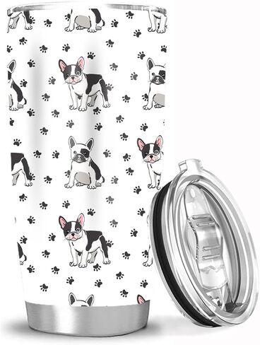 كوب بولدوج فرنسي لطيف من Waldeal سعة 20 أونصة مع غطاء، كوب بهلوان معزول بالفراغ لهدايا عيد الميلاد لمحبي الكلاب in Kuwait