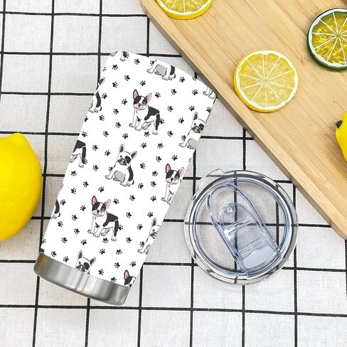 كوب بولدوج فرنسي لطيف من Waldeal سعة 20 أونصة مع غطاء، كوب بهلوان معزول بالفراغ لهدايا عيد الميلاد لمحبي الكلاب in Kuwait