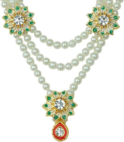 مجموعة من 2 Mala Moti Beads Mala من أجل Laxmi Ganesh Devi Maa Radha Krishna Puja Goddess Haar Sringar مجموعة مجوهرات الآلهة لمهرجان Janmashtami التقليدي تمثال God Idol (الحجم: -3") (أبيض) in Saudi Arabia