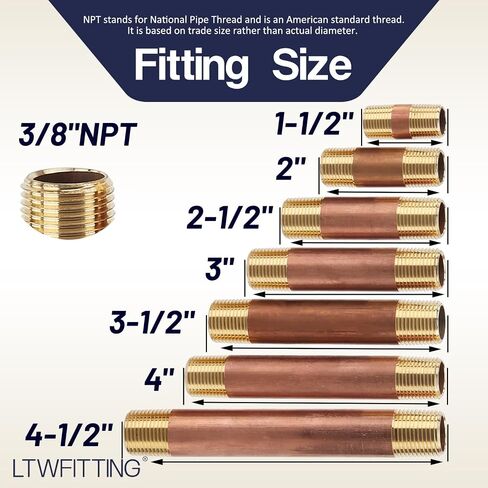 LTWFITTING Assortment Kit Total length (1-1/2-Inch 2-Inch 2-1/2-Inch 3-Inch 3-1/2-Inch 4-Inch 4-1/2-Inch) x 3/8-Inch Male NPT Brass Pipe Long Nipple Set (Pack of 26) in Saudi Arabia