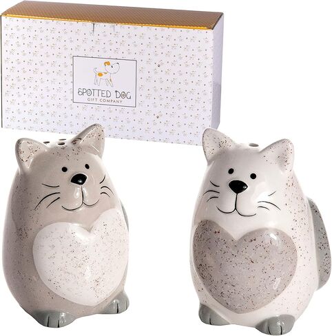 SPOTTED DOG GIFT COMPANY Cat Salt and Pepper Shakers Set, Cute Novelty Ceramic Gray and White Unique Cat Kitchen Decor Accessories, Gifts for Cat Lovers in Saudi Arabia